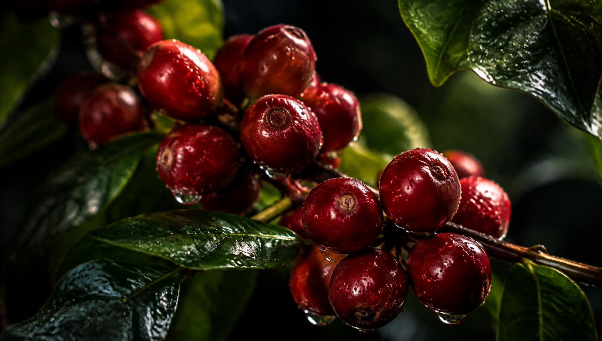 Macro of ripe red coffee cherries with water droplets on the branch