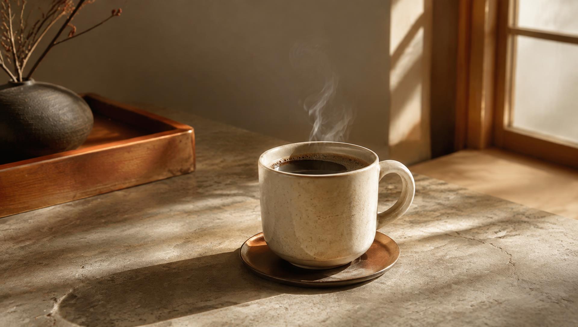 Cream ceramic cup of black coffee with rising steam in morning light