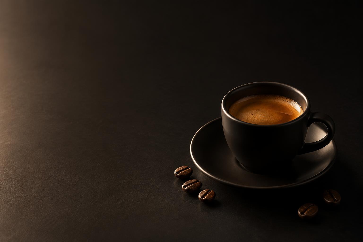 Espresso in a matte black cup, lit by warm morning light