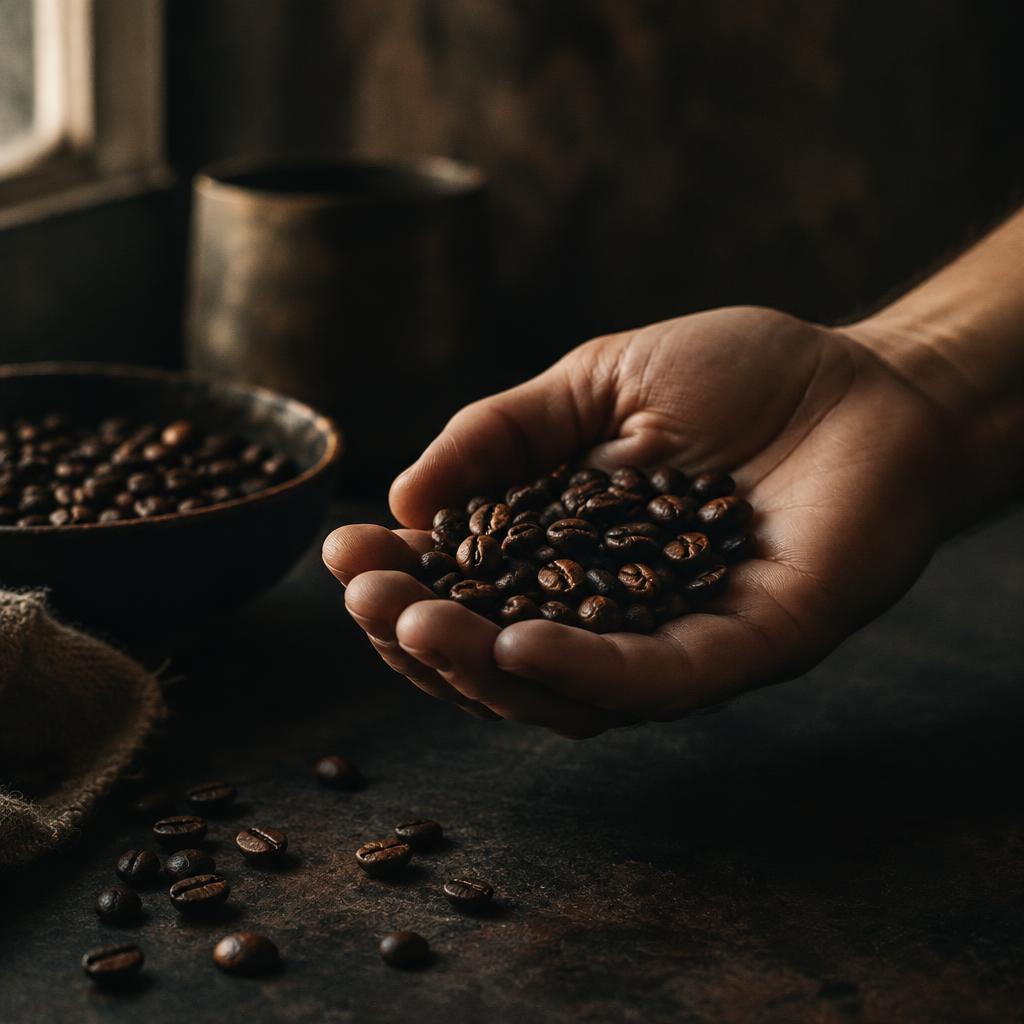 A hand holding freshly roasted coffee beans in warm low light