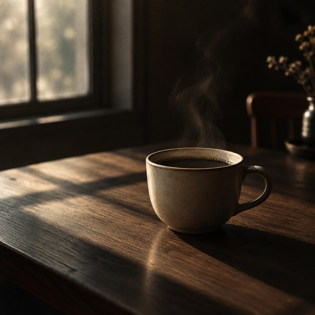 A cup of black coffee on a dark table in early morning light
