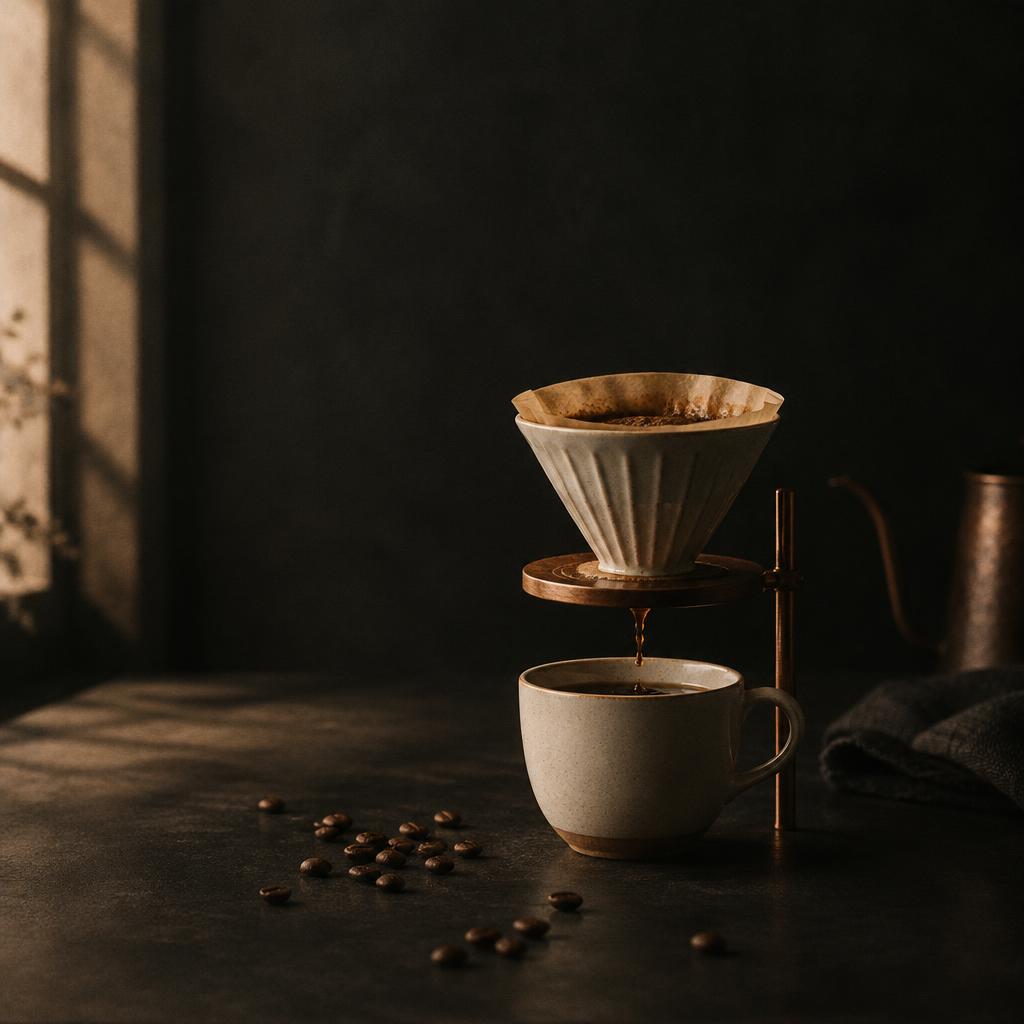 A minimal pour-over dripper slowly brewing into a cream cup